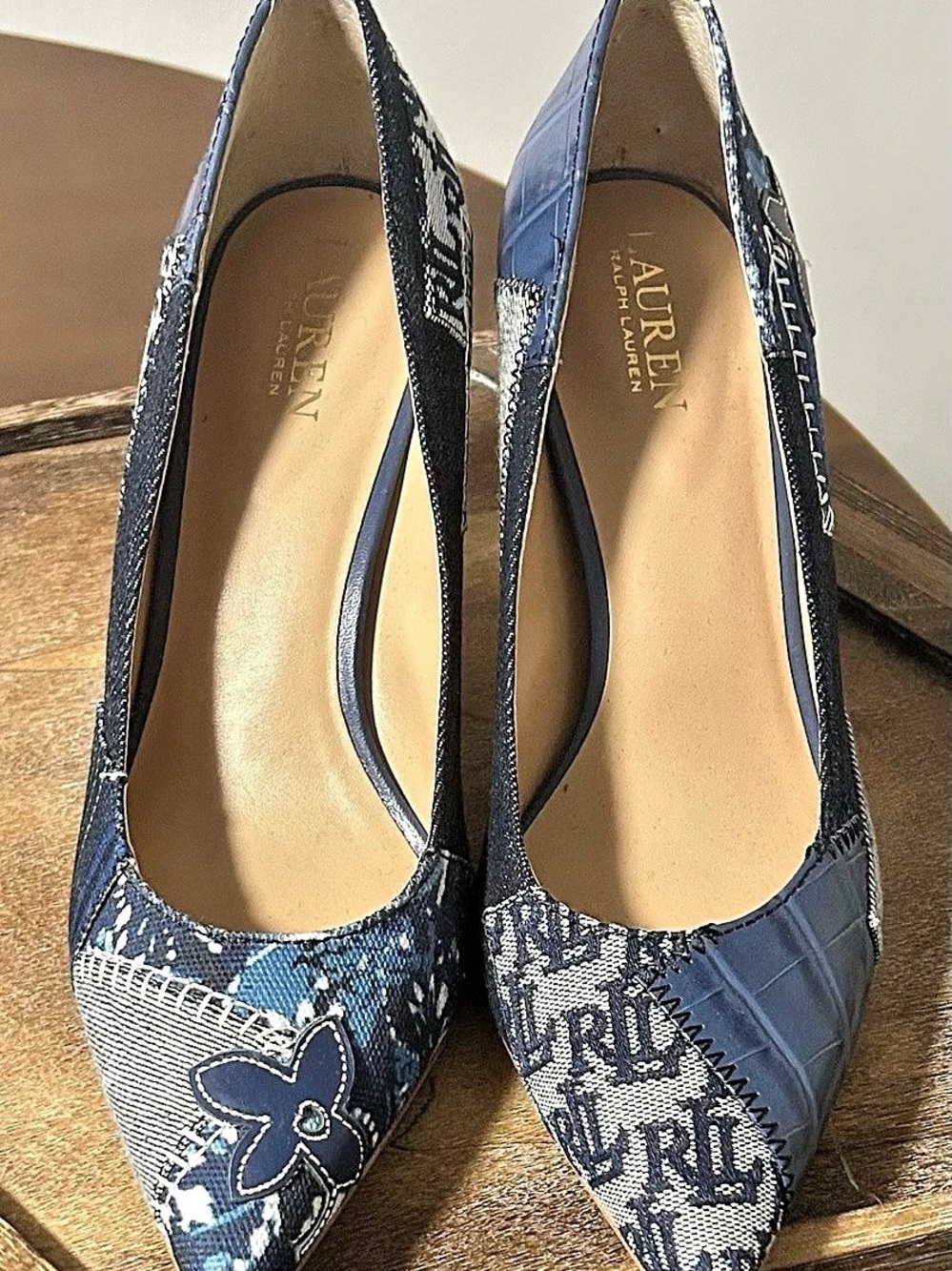 Lauren Ralph Lauren Lanette Patchwork Pump Blue & White US 8.5 B